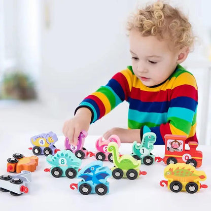 Magnetic Wooden Dinosaurs Train Set 11Pcs Number Wooden Toy Learning Cars with Numbers Color Train for Kids 2-5 Montessori Toys