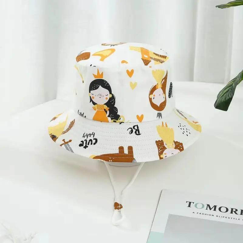 Cartoon Printing Baby Bucket Hat Cotton Breathable Kids Fisherman Hat Infant Toddle Sun Hat with Drawstring