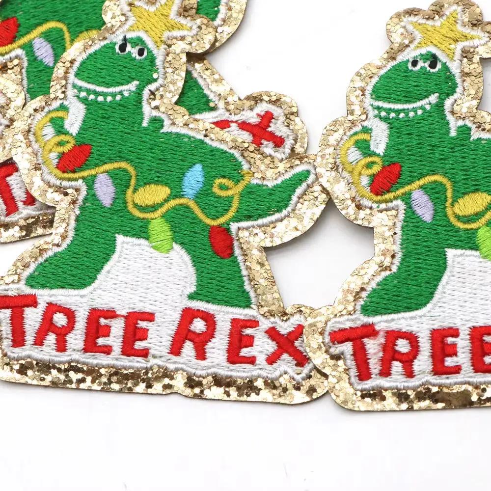 1PC Dinosaur Golden Edges Embroidery Patches Iron on Patch Christmas Paste for Bags Hat DIY Clothing Decor Repair Badeges