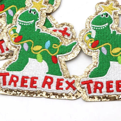 1PC Dinosaur Golden Edges Embroidery Patches Iron on Patch Christmas Paste for Bags Hat DIY Clothing Decor Repair Badeges