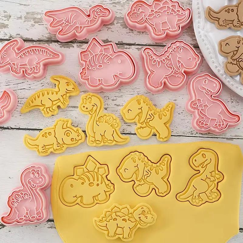 8 Pcs/Set Cookie Cutters Plastic 3D Dinosaur Shape Cartoon Pressable Biscuit Mold Cookie Stamp Kitchen Baking Pastry Bakeware